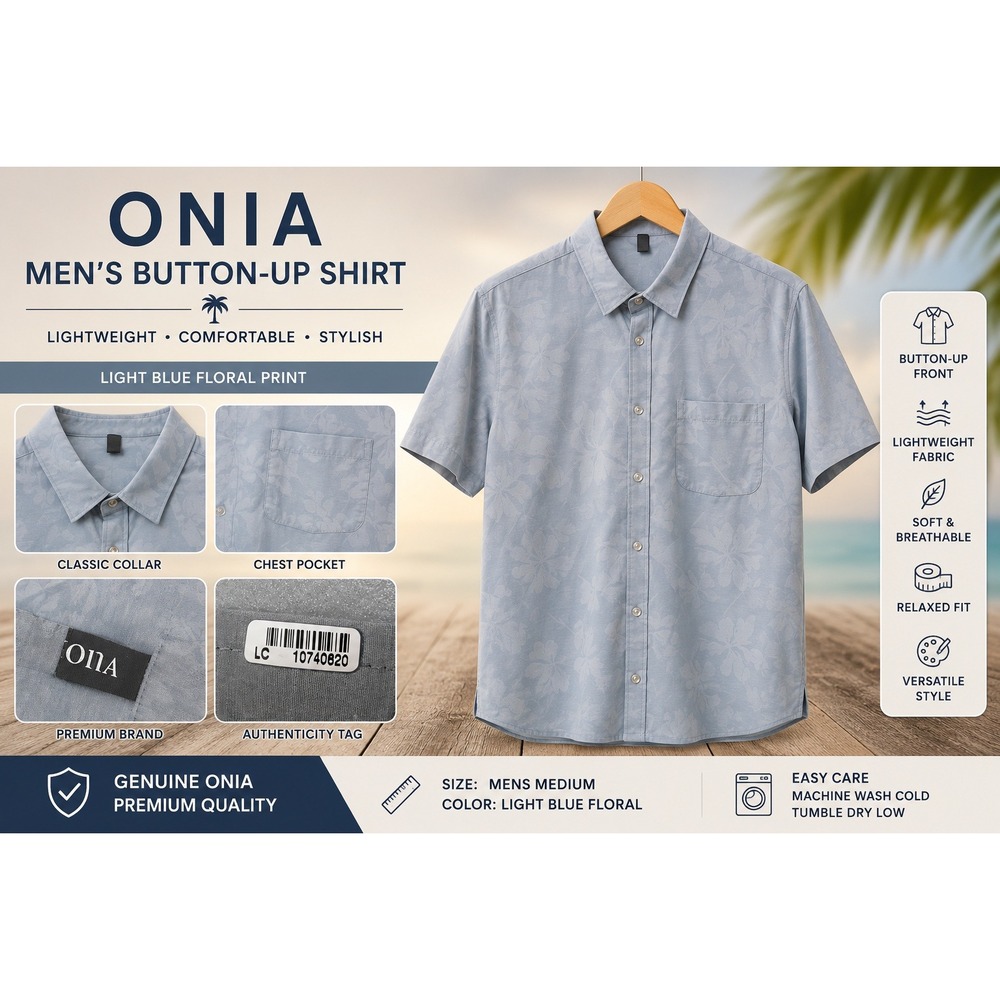 Vuori Mens Short Sleeve Button Up Shirt Blue Floral Print Pocket‎ Performance L